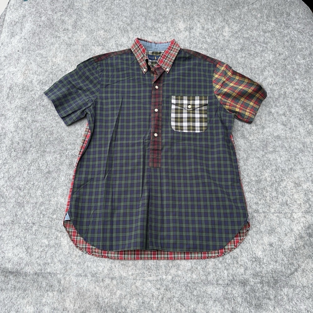 Polo Ralph Lauren Patchwork Plaid Shirt Mens Medium Henley Button Up Green - Picture 6 of 15
